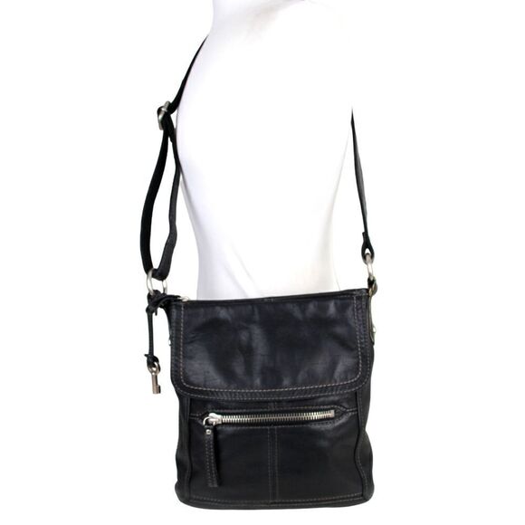 FOSSIL BLACK GENUINE LEATHER KEY CHAIN X-BODY MESSENGER SHOULDER BAG HANDBAG - Picture 1 of 16
